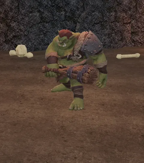 A green brute with a club on a rock floor strewn with bones