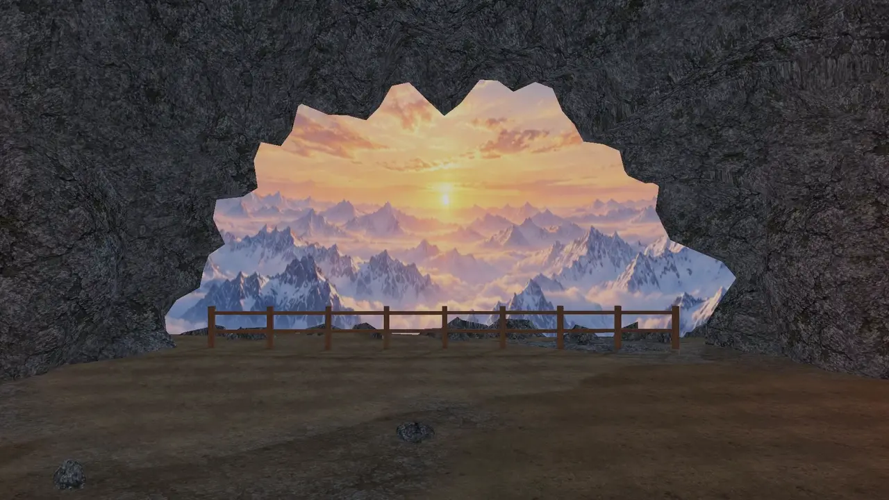 Inside the mine: a dark cave with wooden supports and lanterns, opening onto snowy mountains at sunset