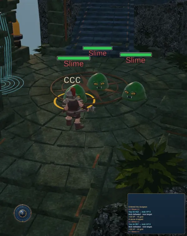 Dungeon combat on a mossy stone platform among ruins above the clouds. The player faces three green slimes