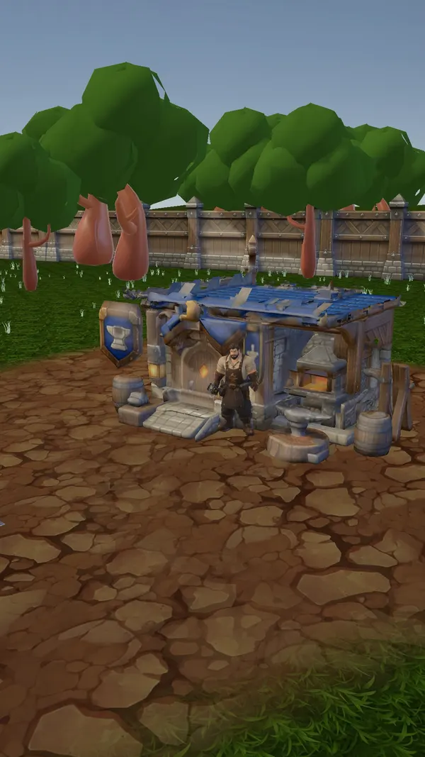 The blacksmith stands outside a small forge with an anvil, a furnace and barrels under a blue tiled roof