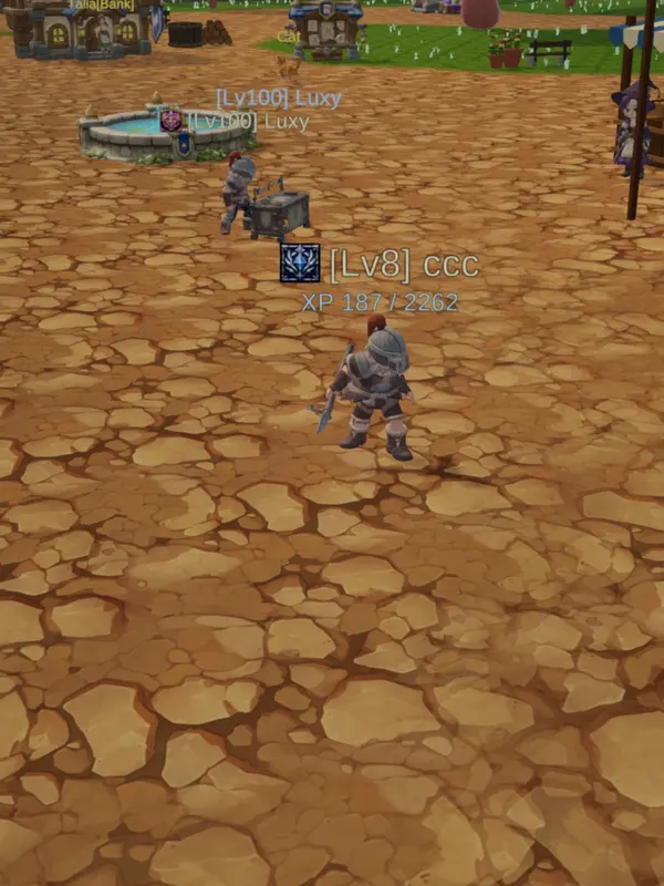Two players in the town square. One stands behind a market stall, the other approaches on foot