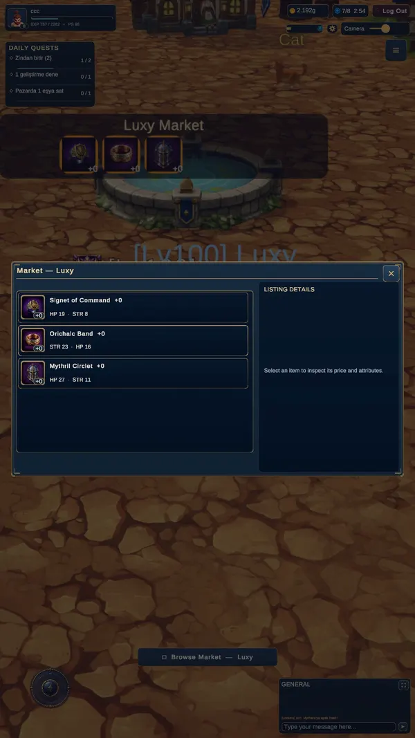 A player's market panel listing three items with their stats, and a listing details pane