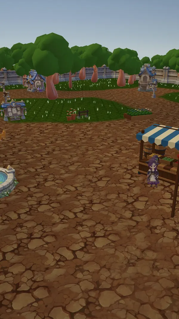 The town in Lootera: low-poly houses, a fountain, a striped market stall and a wall of trees under a blue sky